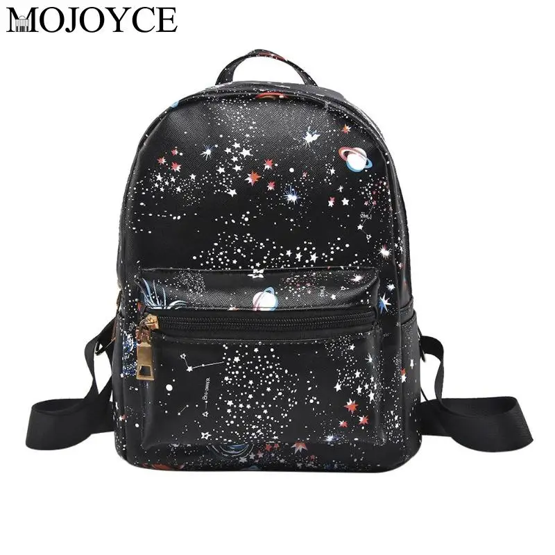 

New Fashion Women Leather Star Universe Space Printing Backpack Black School Bags Leisure Teenage Girls Small Travel Rucksack