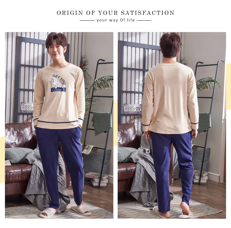 Spring And Autumn 6535 Cotton Pajamas Men's Long Sleeve Thin Home Wear-Outer Wear Men's Young And Middle-aged Set Japanese Korea