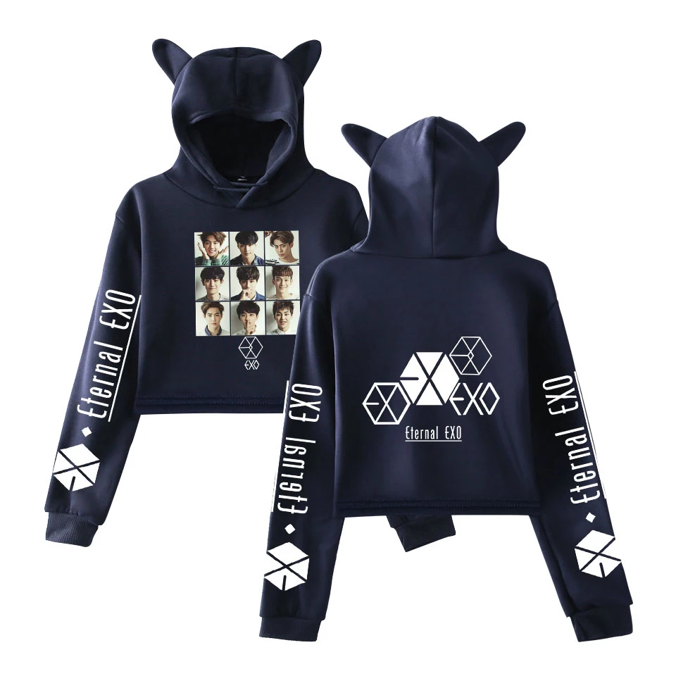 EXO Ablum Ulzzang Милая толстовка с кошачьими ушками Осенняя Женская Студенческая пуловеры Harajuku Повседневная укороченная Толстовка для женщин