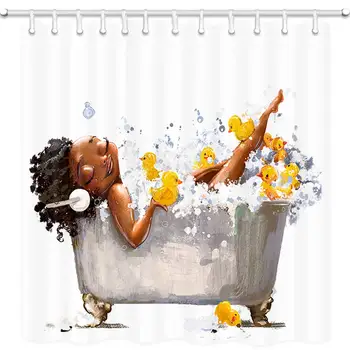 

African Girls Shower Curtain, African Afro Woman with Headphones and Duckling Bathes in Bathtub Bath Curtains, Waterproof Fabric