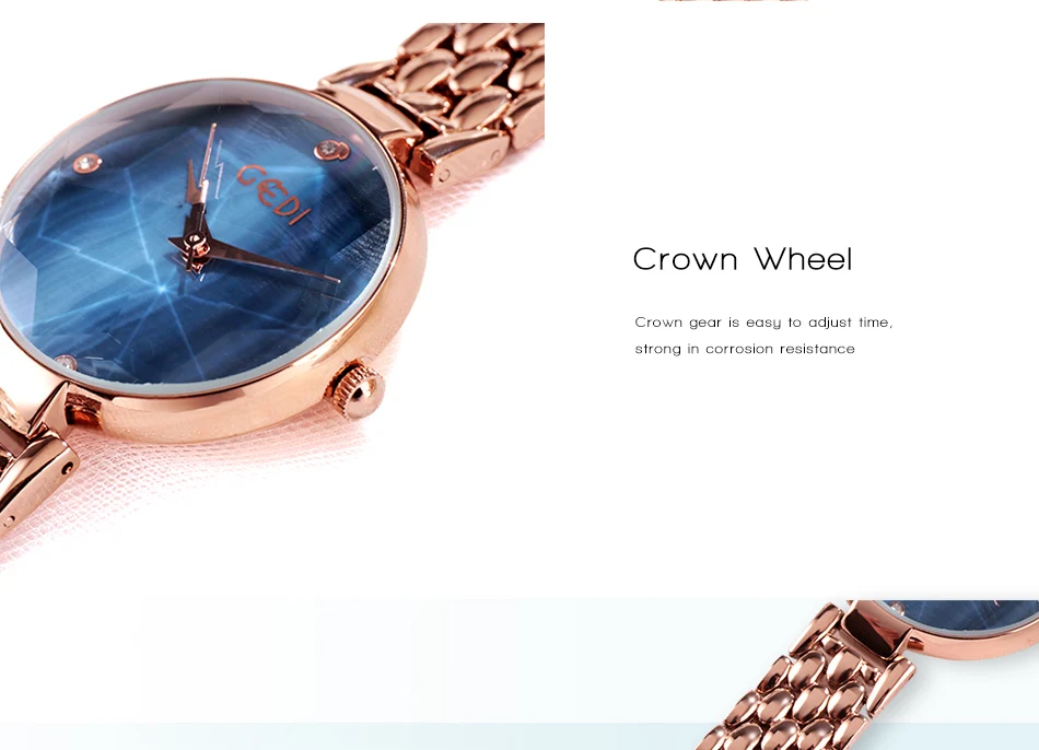 GEDI женские часы синий циферблат рябь женские часы наручные часы из розового золота reloj mujer