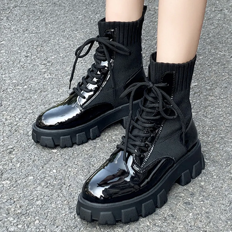 Boots Women Leather Lace-Up Gothic Black Sock Platform Fashion Ladies Shoes Ankle Botas Mujer | Обувь