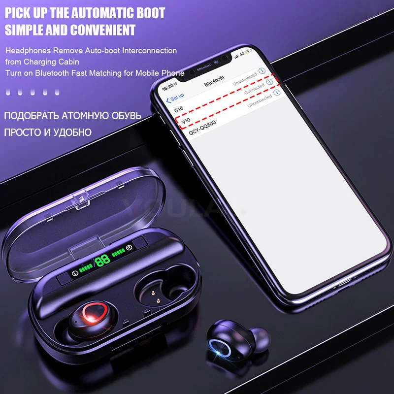 VOULAO Bluetooth наушники беспроводные Bluetooth V5.0 наушники 9D стерео спортивные водонепроницаемые наушники гарнитура с микрофоном+ зарядная коробка
