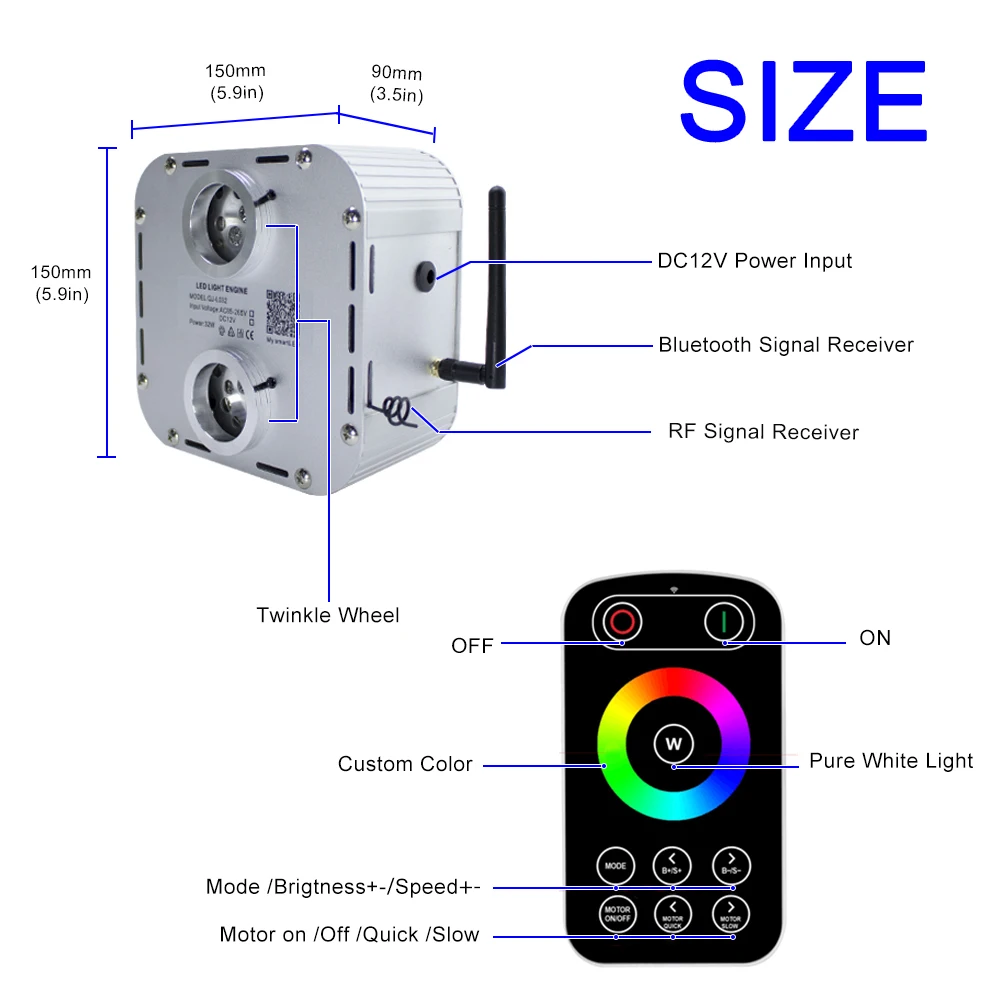  Fiber Optic Light Twinkle RGB LED 32W Smartphone APP Bluetooth Control 830pcs(0.75mm+1.0mm+1.5mm+2.