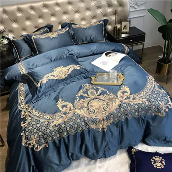 

New Luxury Blue Red Champagne Silk Egyptian Cotton Gold Embroidery European Palace Bedding Set Duvet Cover Bed sheet Pillowcases