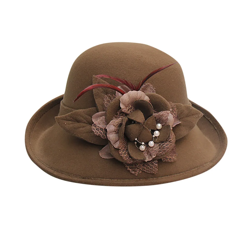 Шапки Весна Зима Новая мода для женщин Твердые Перья цветок жемчуг вьющиеся Формальные шляпа элегантный дизайн шерсть шапки# D3 - Цвет: Армейский зеленый