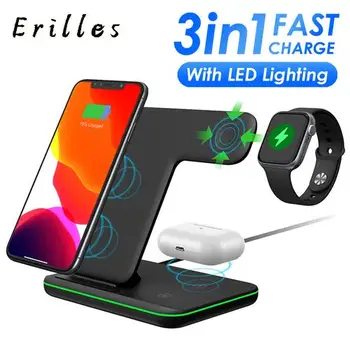 

3 in 1 Wireless Charger LED Light Fast Charge For iPhone Samsung For Apple Watch 4 3 2 For Airpods Pro QI 15W Charger Stand Dock