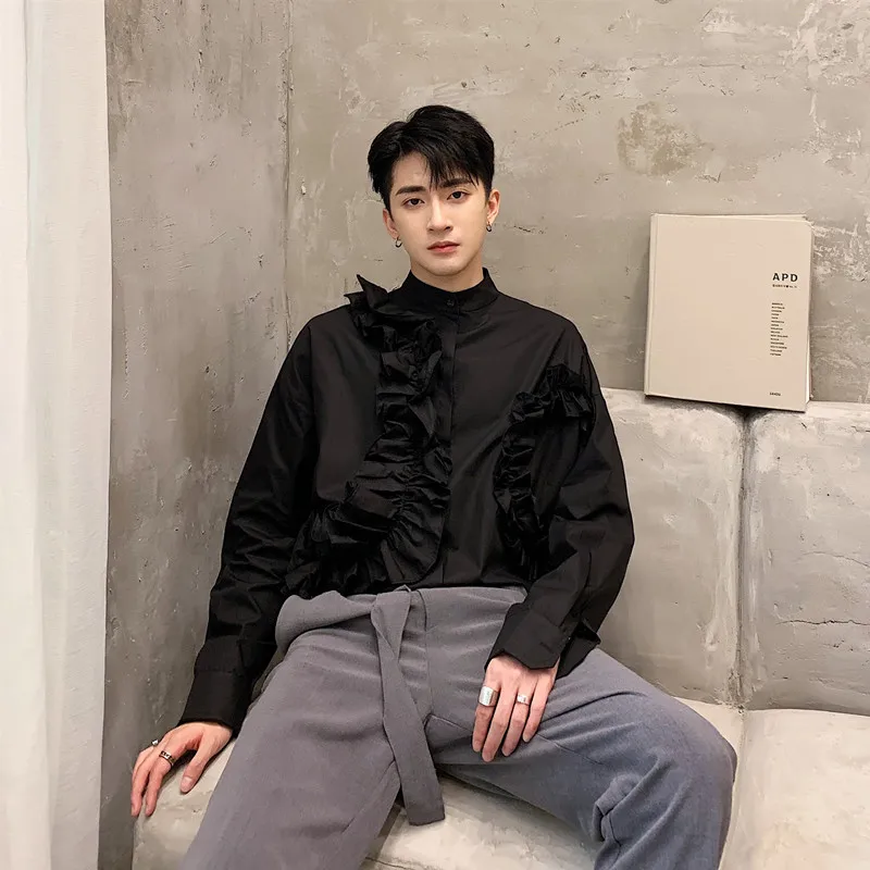 Male Streetwear Hip Hop Gothic Dress Shirts Stage Clothes Men Vintage Ruffles Splice Long Sleeve Stand Collar Loose Casual Shirt