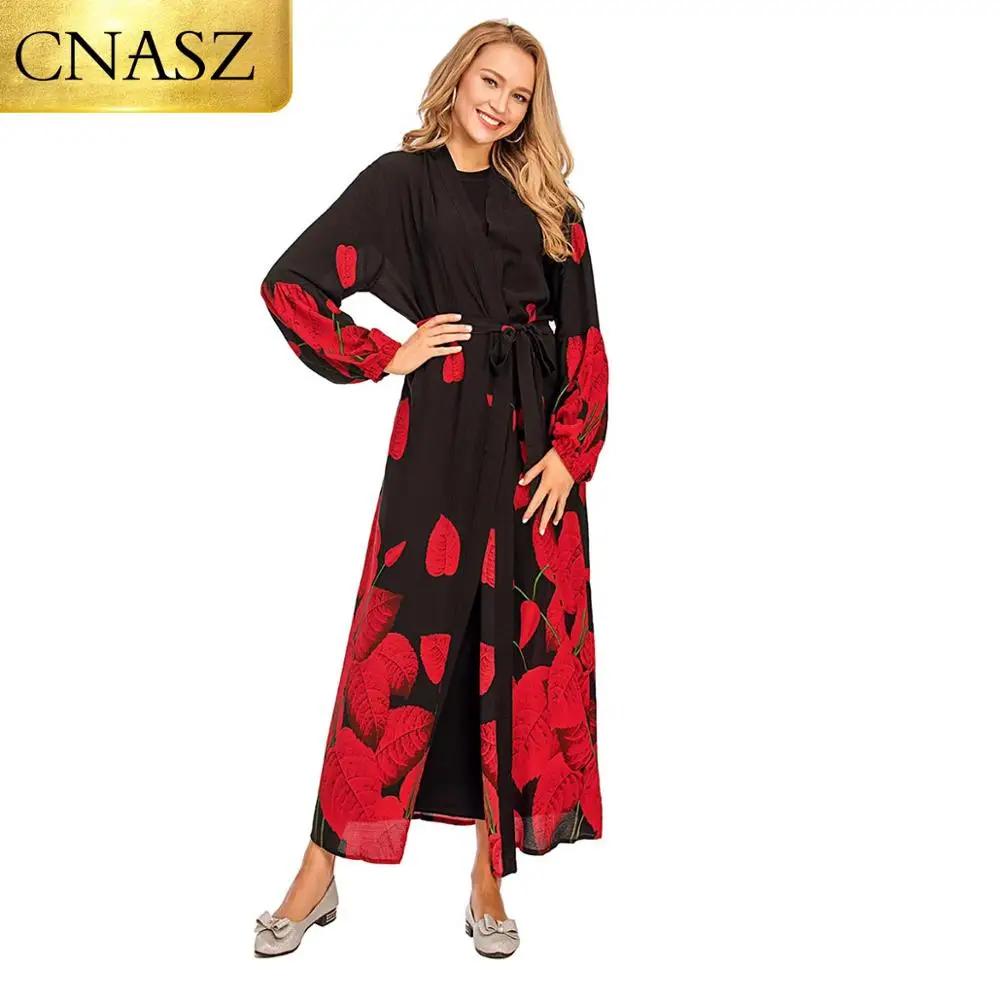 2020 New Arrivals Middle Eastern Arab Fashion Printed Lantern Sleeve Cardigan Robe Muslim Abaya Islamic Turkey Style Dubai Size |