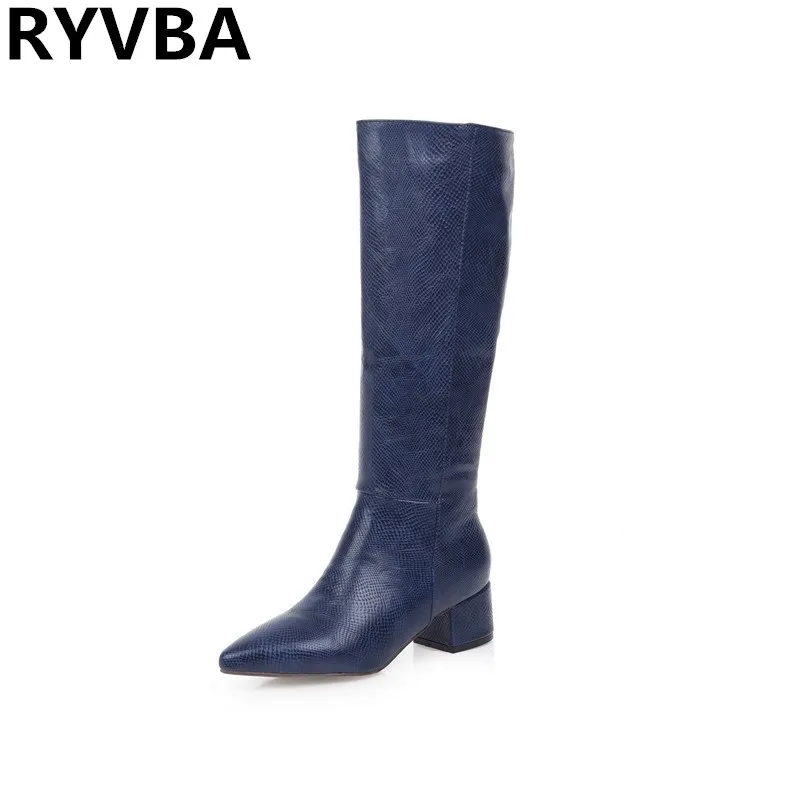 

RYVBA 2019 women 9cm square heels knee high boots woman pointed toe winter autumn ladies thigh high boots for girls shoes