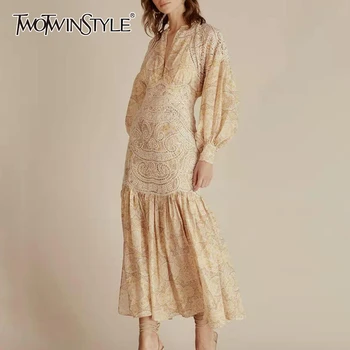 

TWOTWINSTYLE Vintage Print Hollow Out Women's Dress V Neck Lantern Long Sleeve High Waist Ruched Mermaid Dresses Female Clothing