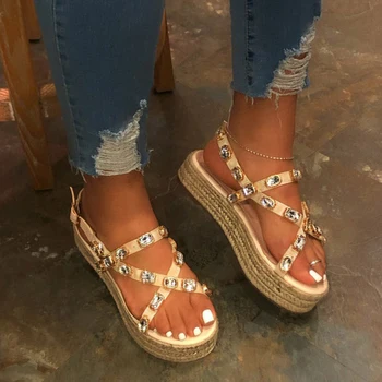 

Ladies Rhinestone Platform Flats Woman Casual Shoes 2020 Women Sandals Female Bling Crystal Rome Women's Summer Plus Size