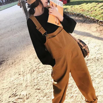 

New Women Lady Long Sleeve Round Collar Solid Color Sweater with Overalls for Autumn J9