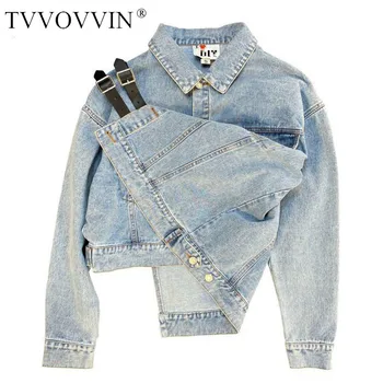 

TVVOVVIN Denim Irregular Women Coat Jackets Coats Long Sleeve Lace Up Jean Coat Two Wear Jean Jacket Fashion Denim Jacket 2HEL