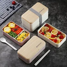 Новинка, микроволновая печь, Ланч-бокс из японского дерева, Bento box, 2 слоя, контейнер для хранения, Портативный Ланч-бокс, палочки для еды, ложка, набор, здоровый