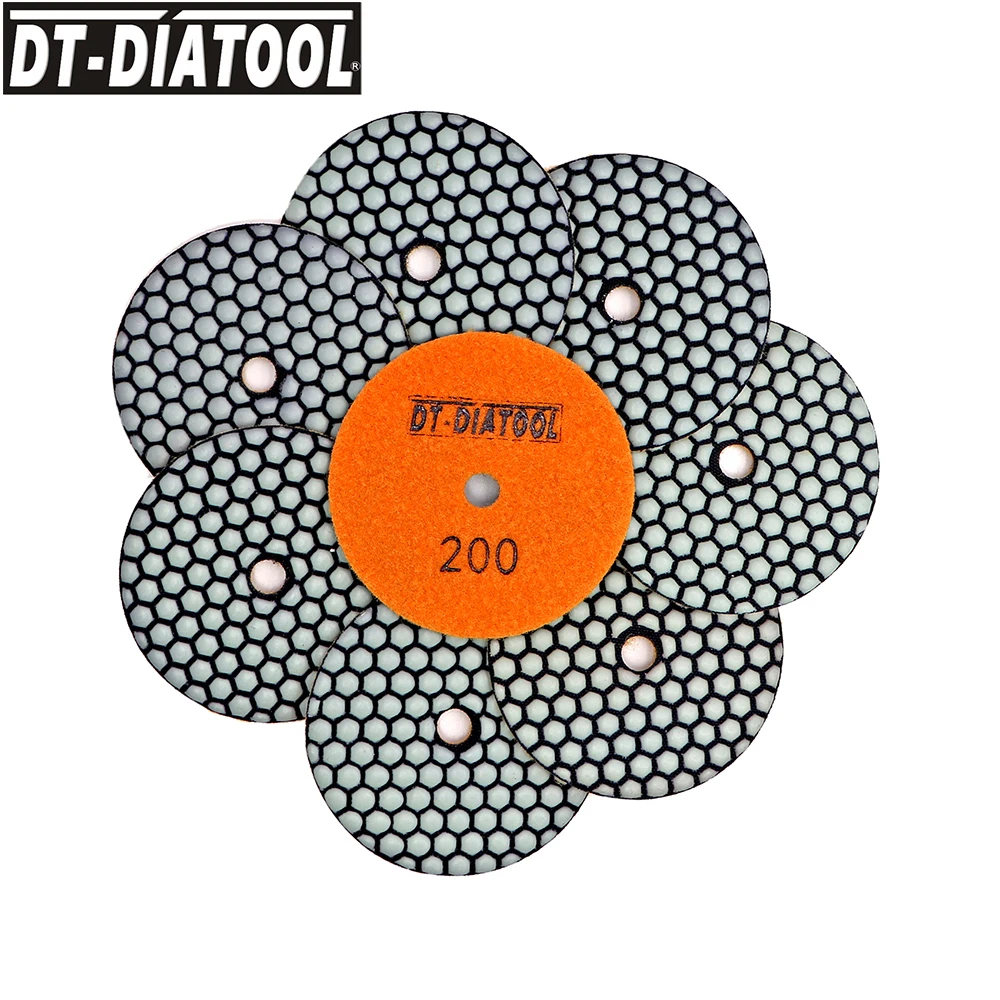 DT-DIATOOL Diamant-Trockenpolierpads, 8 Stück, 100 mm, flexibel, professionelle Schleifscheibe mit Harzbindung für Granit, Marmor, Schleifscheibe