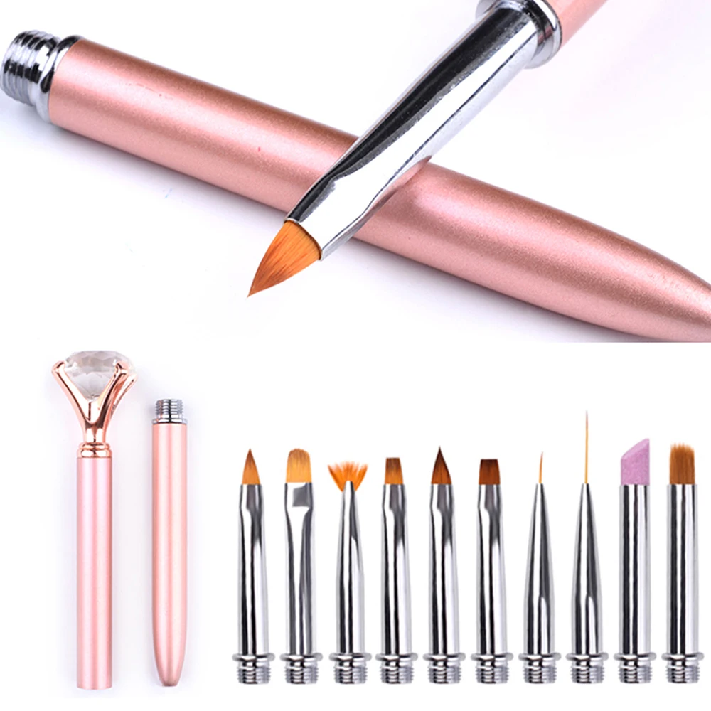 

10in1 Nail Art Painting Brush Set Liner Flower 3D Gradient Dotting Builder Cuticle Remove Acrylic Drawing Pen Changeable