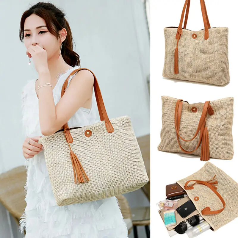 

Handmade Women Straw Woven Beach Tote Summer Shoulder Bag Shopping Handbag Messenger Tote Purse Rattan Straw Bag Satchel
