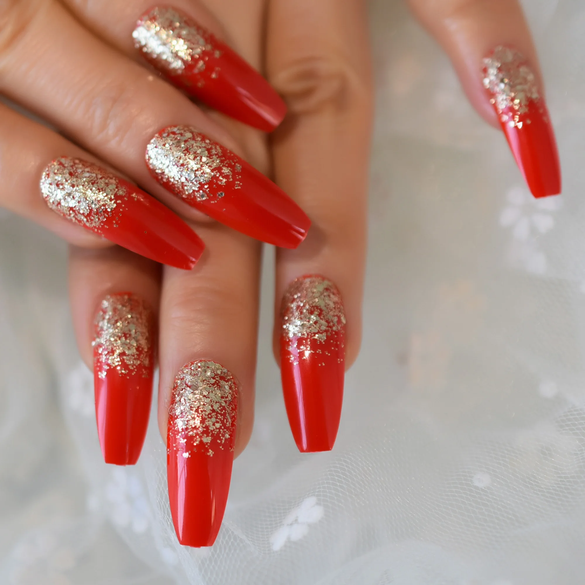 Arrival Red Coffin Fake Nails Gold Powder Press On Nails Cover Acrylic Ballerina Nails - AliExpress Beauty &