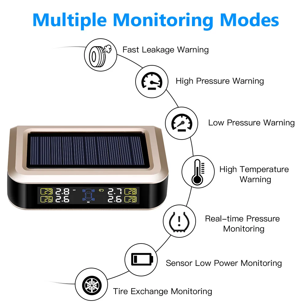 WONVON беспроводная система контроля давления в шинах на солнечной энергии TPMS дисплей в реальном времени с 4 сигнализацией давления и температуры в шинах