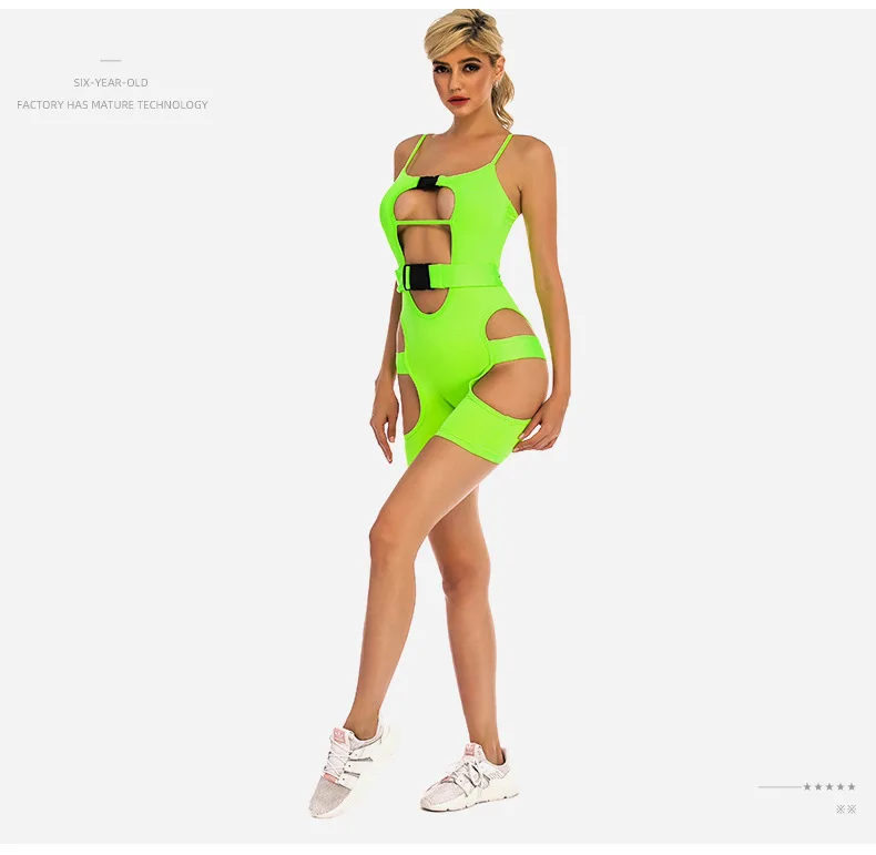 Короткий комбинезон, желтый, неоновый, спортивный, сексуальный, Ropa Neon Mujer, женские, неоновые комбинезоны, с полой пряжкой, неоновая одежда, Mono Mujer Corto