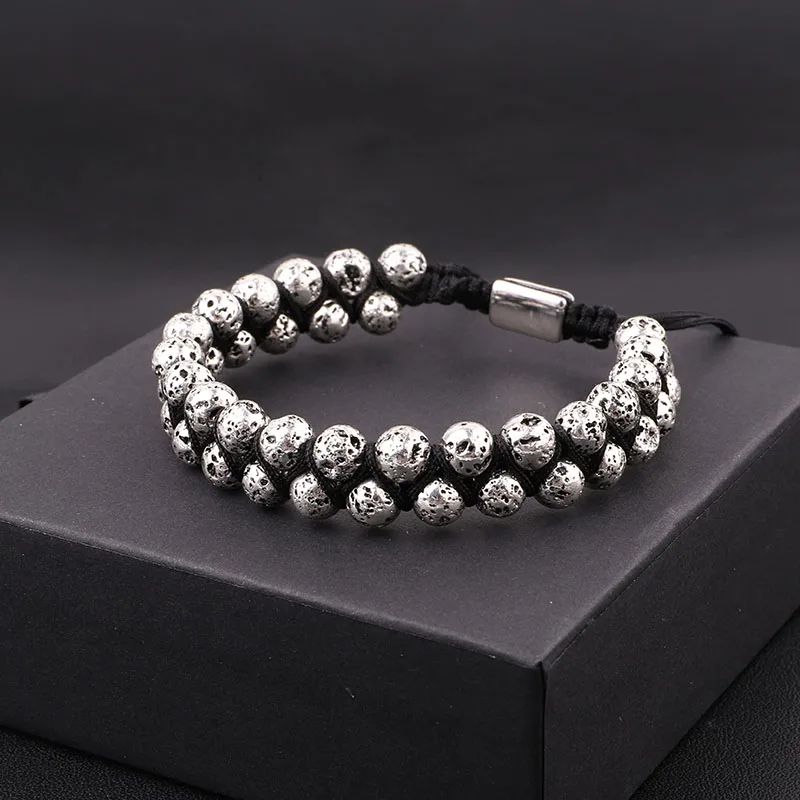 New Fashion Vintage Gold Silver Plated Volcanic Lava Stone Double Layer Beads Braided Bracelet Men Women - Image 6