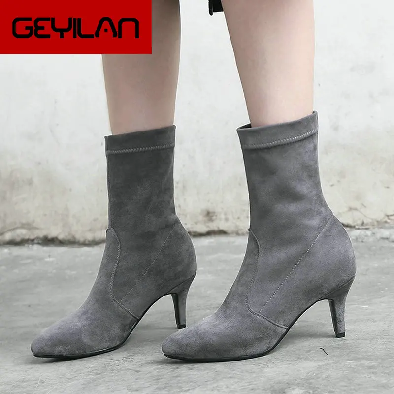 

2018 New Women Socks Boots Flock Leather Thin High Heels Ankle Boots Slip On Fashion Pointed Toe Autumn Winter Shoes Woman