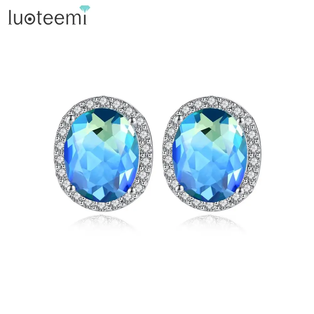 Женские серьги-гвоздики LUOTEEMI овальные серьги с голубым/разноцветным фианитом
