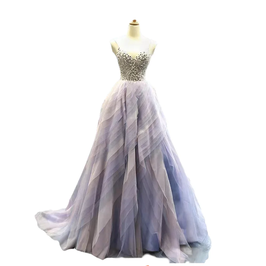 Stunning Gradient Color Multi Layered Tulle Evening Dresses Ruffled Spaghetti Strap A-Line Beaded Prom Gowns RS005 ball gown prom dresses