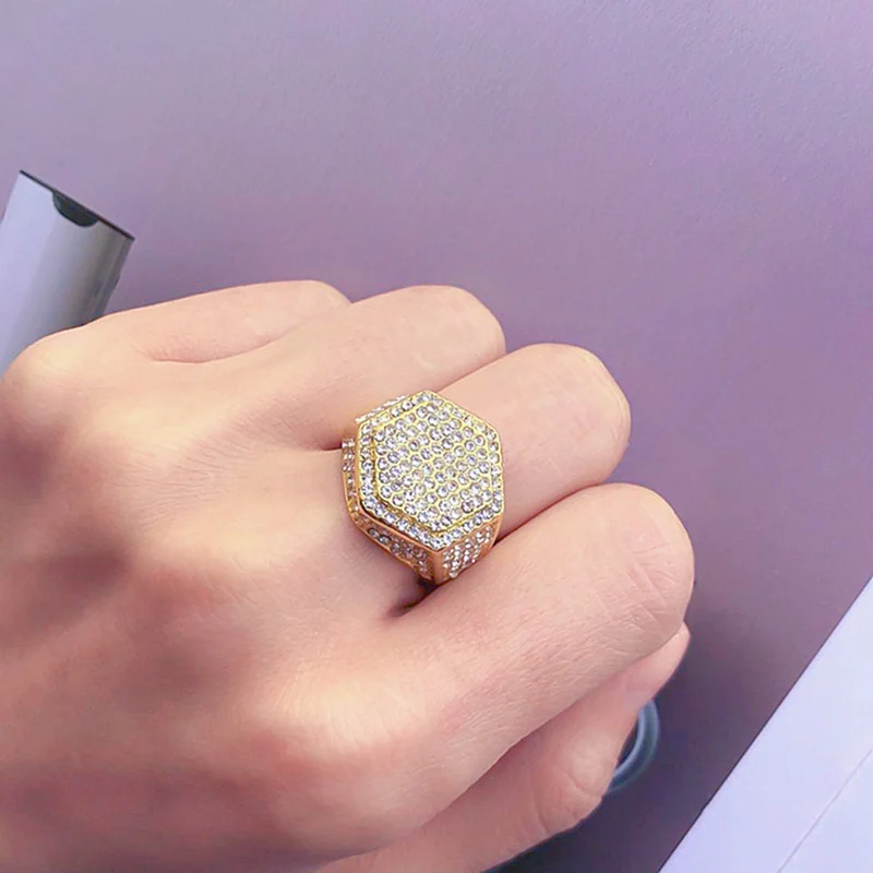 Men`S Ring Hip Hop Micro Pave Cz Finger Ring Silver Gold Square Rings For Men Jewelry(Size:7-12) Excellent