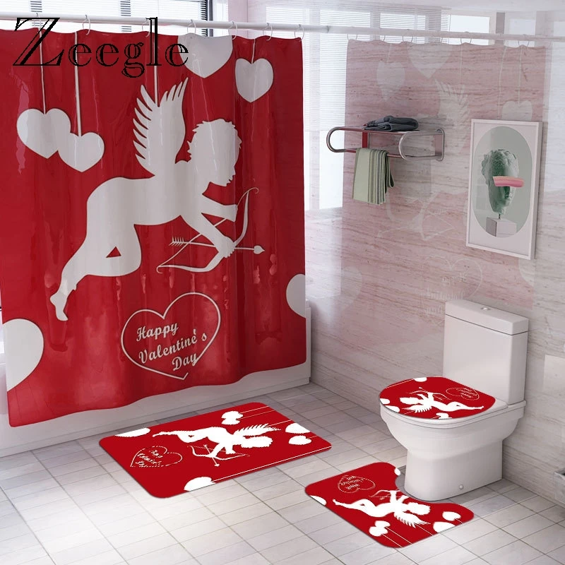 Zeegle Shower Curtain Anti Slip Bathroom Shower Mat Absorbent Soft Toilet Pedestal Rug Bathroom Carpets Washable 4pcs Toilet Set