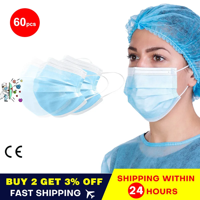 

Ordinary Face Mouth Masks Disposable Anti-Dust Ear Loops Masks Dust Filter Elastic Facial Dust-Proof Safety Masks 60Pcs