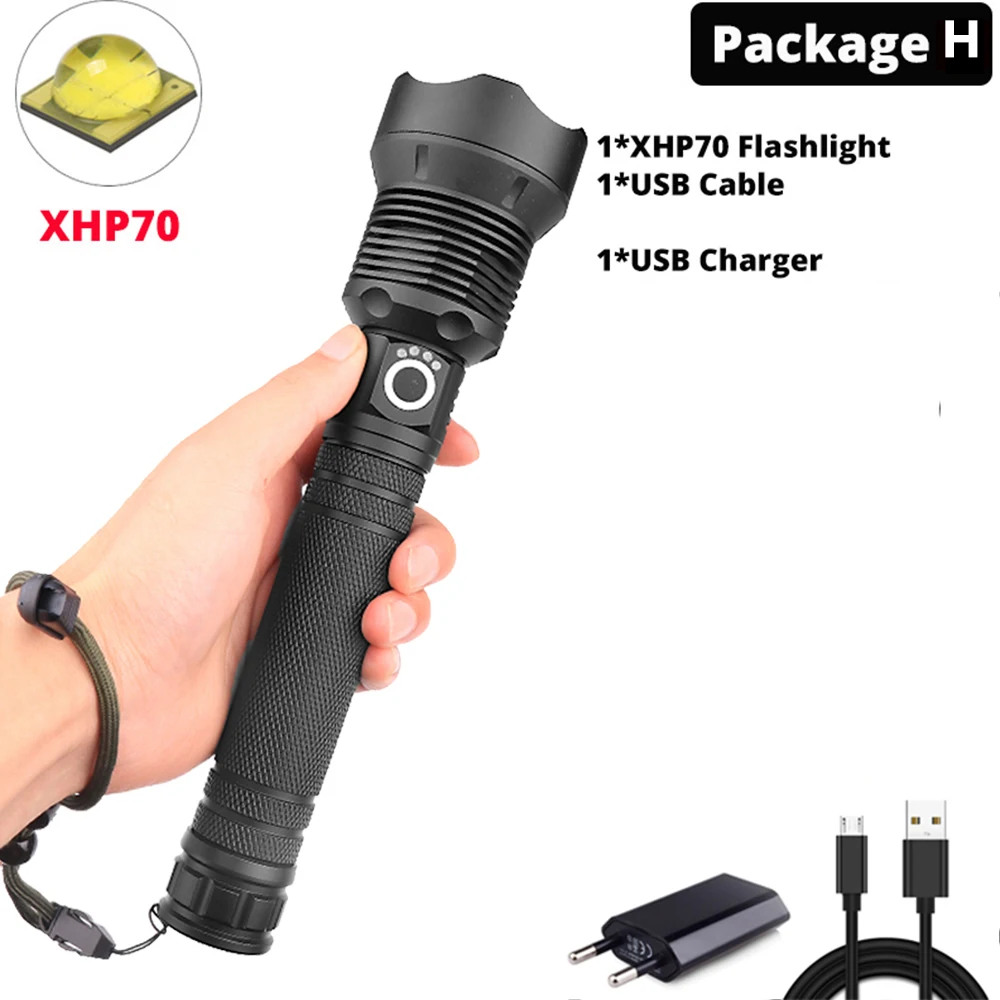 Супер яркий XHP70 светодиодный светильник-вспышка XLamp Zoom фонарь мощный светильник USB Перезаряжаемый водонепроницаемый светильник для использования 18650 26650 для кемпинга - Испускаемый цвет: Package   H