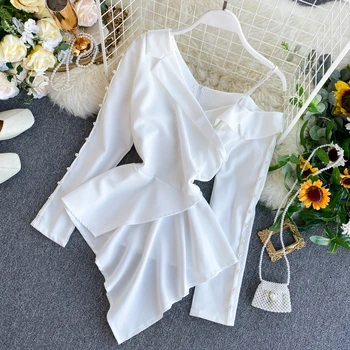 

Women Beaded Full Shirt Female Fashion Design Off-shoulder Korean Irregular Ruffle Slim Waist Tops Office Lady Solid Tops Blouse