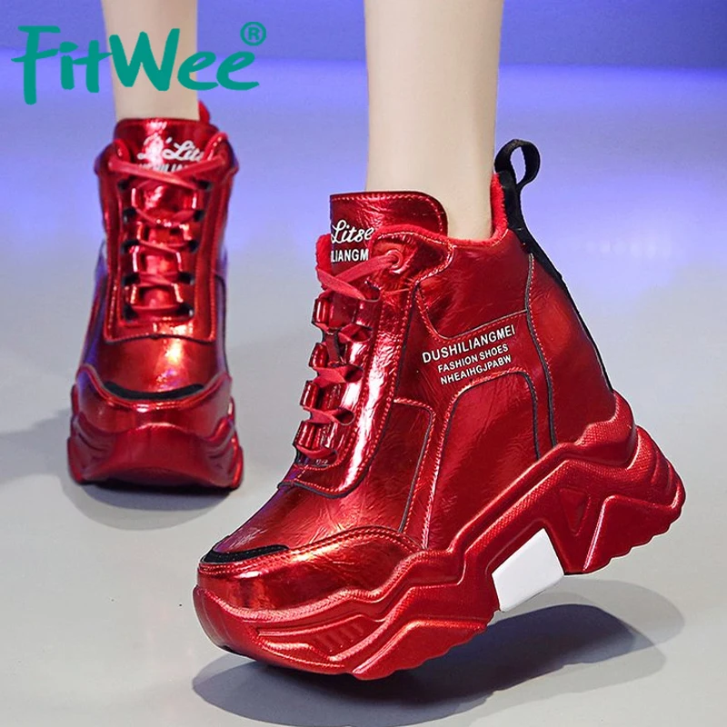 

FITWEE Platform Women Sneakers Round Toe Chunky Heel Pu Leather Lace Up Casual Shoes Winter Warm Vulcanized Shoes Size 34-39