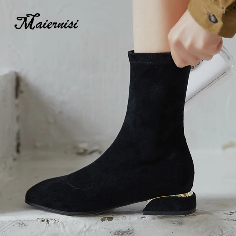

MAIERNISI Mid-Calf Elastic Sock Boots Chunky High Heels Stretch Women Autumn Sexy Booties Pointed Toe Women Pump Plus Size 34-43