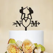 Acrylic Wooden Mountain Climbing Bride Groom Initials Cake Topper Custom Couple Initial Wedding Anniversary Party Cake Accessory