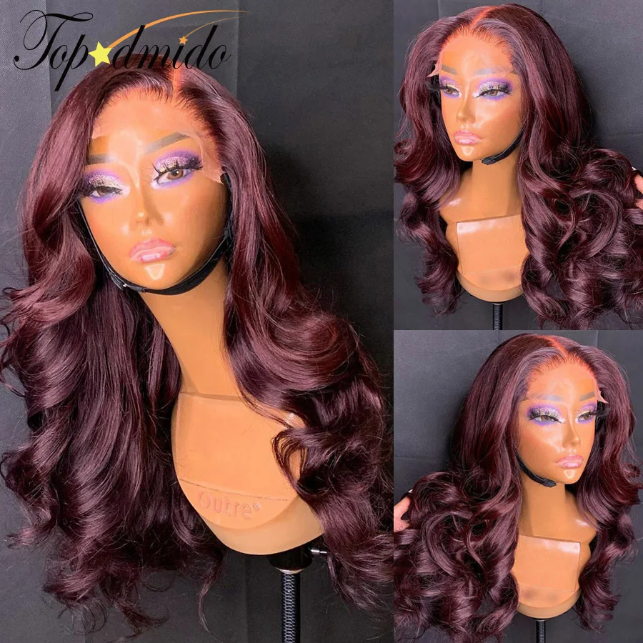 Topodmido-peluca con malla frontal para mujer, pelo humano indio Remy, Color 99J, 13x4, con malla frontal, ondas sueltas, encaje
