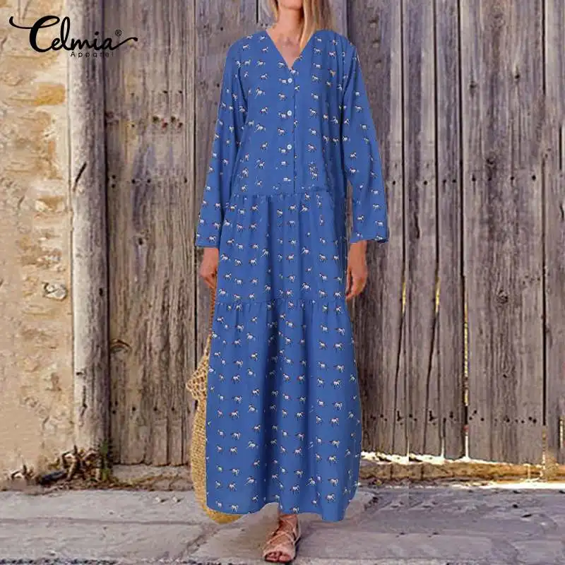 

Plus Size Vintage Long Dress Women Blue Horse Animal Print Maxi Desses Celmia V Neck Long Sleeve Button Pleated Loose Vestidos