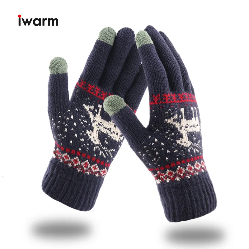 Iwarm перчатки с сенсорным экраном женские зимние теплые вязаные плюс бархат толстые жаккардовые олени пара Корейская версия фабрики