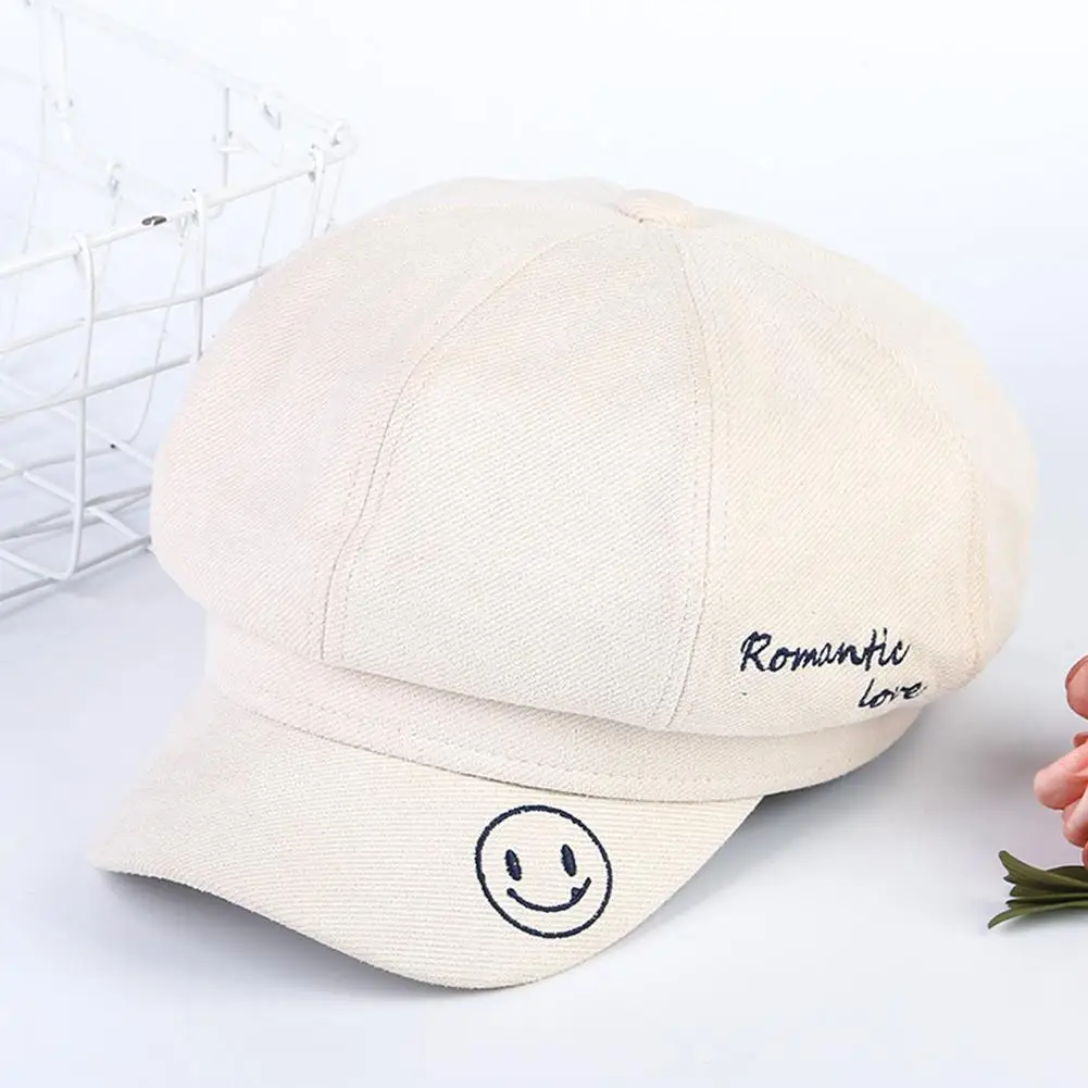 Kuulee Woman Autumn Winter Beret Embroidery Smile Octagonal Hat All Match Casual Painter Cap High Quality Hat - Color: white