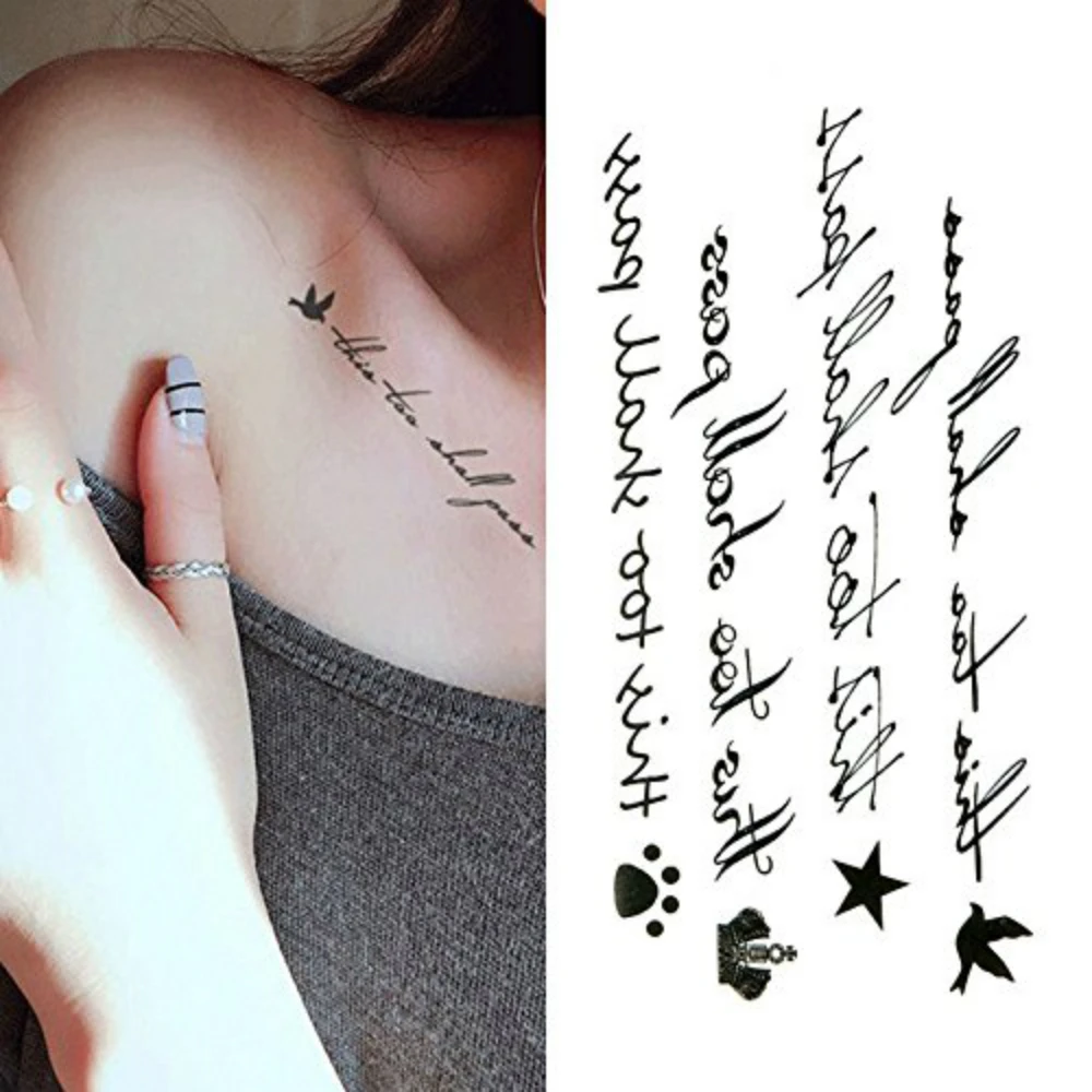 

Waterproof Temporary Tattoo Stickers Cute English Word Quote Fake Tatto Crown Bird Footprint Flash Tatoo Body Art Arm Girl Women