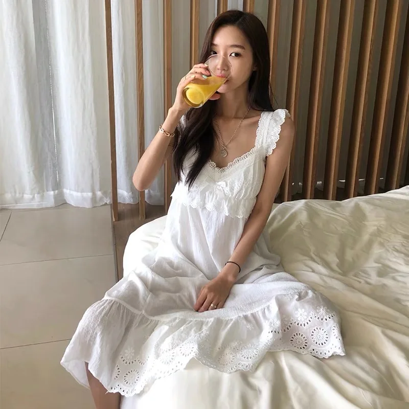 Summer Womens Princess Dress White Sleeveless Sleepshirts Vintage Lady Girls Nightgowns Nightdress Royal Style Pajamas Sleepwear women nightgowns,women nightdresses,women pajamas,sleeping dress