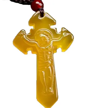 

LETSFUN Fine Jewelry Clin-kk Women's Yellow Agate Queen Christian Cross Jesus Pendant Necklace Made of Agate Gemstone