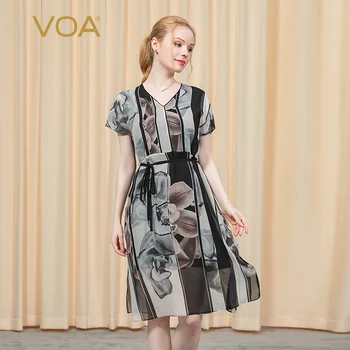 

VOA 16MM Silk Crepe-De-Chine Peach Collar Shoulder Short Sleeve Printing Ink Guofeng Strap Waist Hugging Elegant Dress AX127