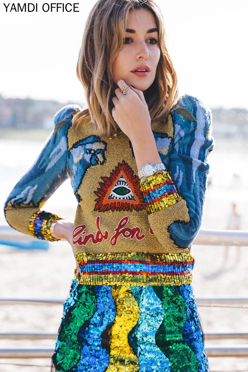 

YAMDI Knitted sweater women 2019 mesh leopard embroidery jumpers vintage embellished fashion elegant pullover female lady women