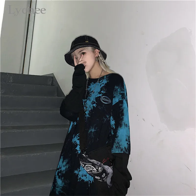 Lychee Harajuku Tie dying женские футболки, топы, футболки с вышитыми буквами, женские футболки, Поддельные 2 штуки, женские футболки, топы, футболки
