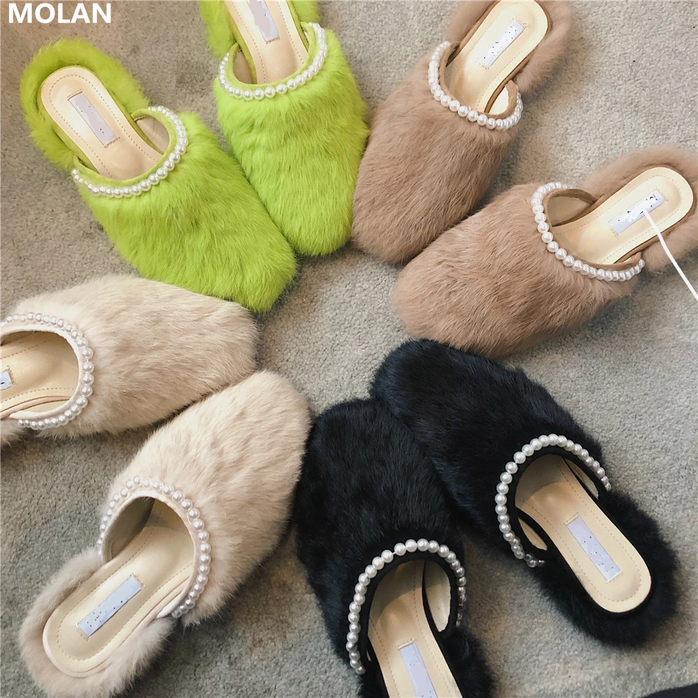 

MOLAN Brand Designers 2019 Autumn New Fashion Luxury Pearl String Bead Round Toe Flat Fur Slippers Slip On Loafers Mules Casual