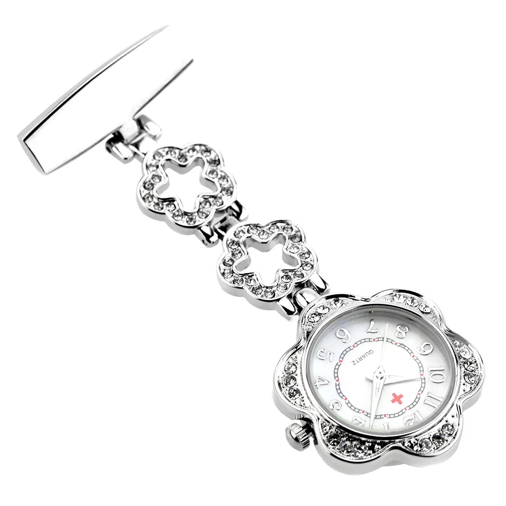 Nurse Nursing Chain Brooch Crystal Rhinestone Flower Pendant Fob Pocket Watch