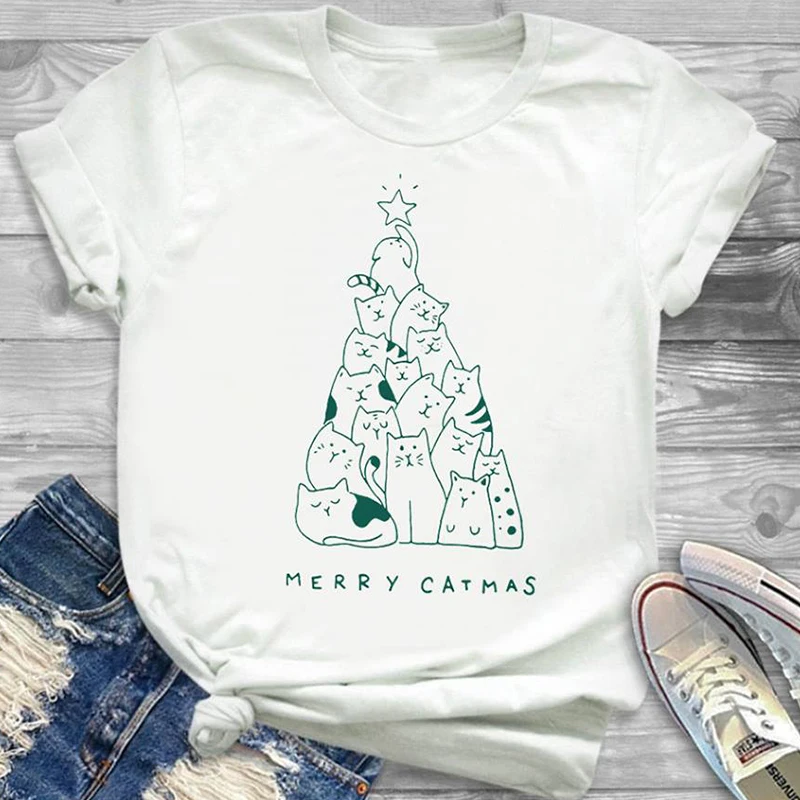 Футболка с надписью Merry Catmas, женская футболка с надписью Merry Christmas, топы с короткими рукавами, хлопковая верхняя одежда с изображением котенка, рождественских елок, футболки